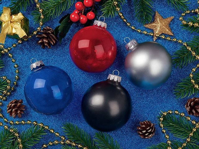 Стеклянный елочный шар "Christmas bauble", синий прозрачный, с серебристым колпачком в черной коробке