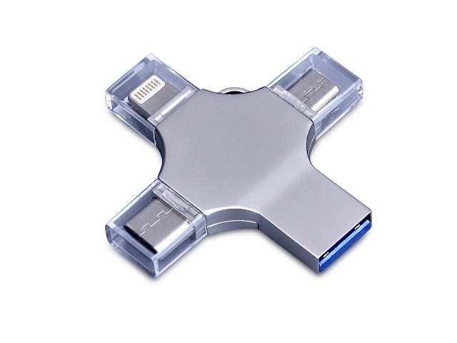 USB-флешка на 64 Гб 4 в 1 поворотный механизм, c дополнительными разъемами MicroUSB, TypeC и Lightning, серебристый