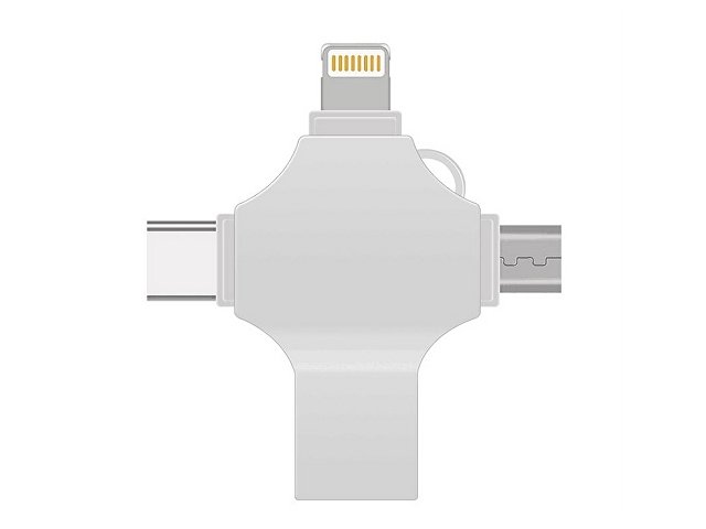 USB-флешка на 256 Гб 4 в 1 поворотный механизм, c дополнительными разъемами MicroUSB, TypeC и Lightning, серебристый