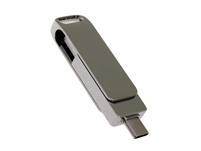 USB 3.0- флешка на 64 Гб поворотный механизм 2 в 1, c дополнительным разъемом Type-C с одноцветным металлическим клипом, серебристый