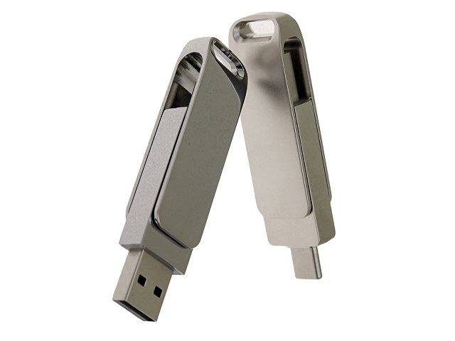USB 3.0- флешка на 64 Гб поворотный механизм 2 в 1, c дополнительным разъемом Type-C с одноцветным металлическим клипом, серебристый