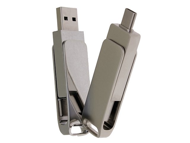 USB 3.0- флешка на 64 Гб поворотный механизм 2 в 1, c дополнительным разъемом Type-C с одноцветным металлическим клипом, серебристый