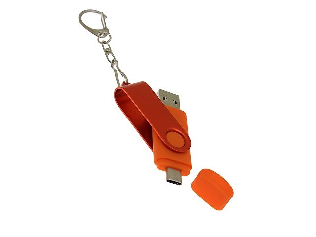 USB-флешка на 64 Гб 2 в 1 поворотный механизм, c дополнительным разъемом Type-C с одноцветным металлическим клипом, оранжевый