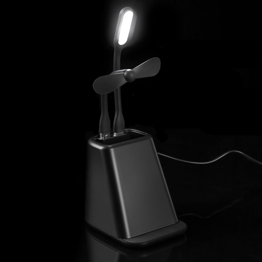 Настольный органайзер с зарядкой, лампой, вентилятором и подсветкой логотипа powerTower, черный