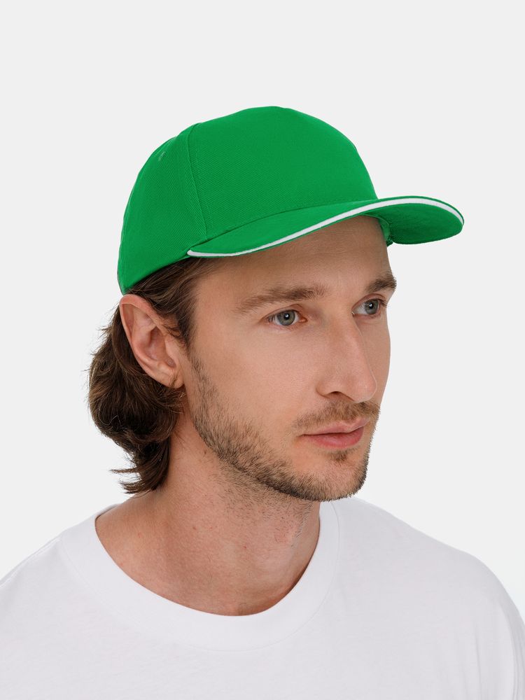 Бейсболка Classic 2.0, ярко-зеленая с белым кантом