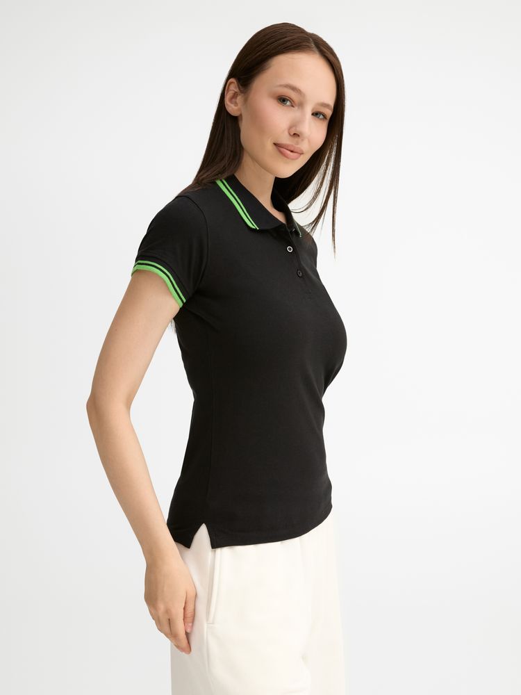Рубашка поло женская Pasadena Women 200 с контрастной отделкой, черная с зеленым