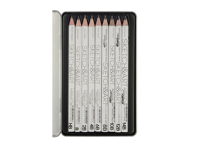 Набор чернографитовых карандашей  "Sketch & Art"  утолщенные,9 шт. hb-14b,  металлическая коробка с ложементом