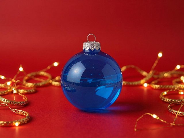 Стеклянный елочный шар "Christmas bauble", синий прозрачный, с серебристым колпачком в черной коробке