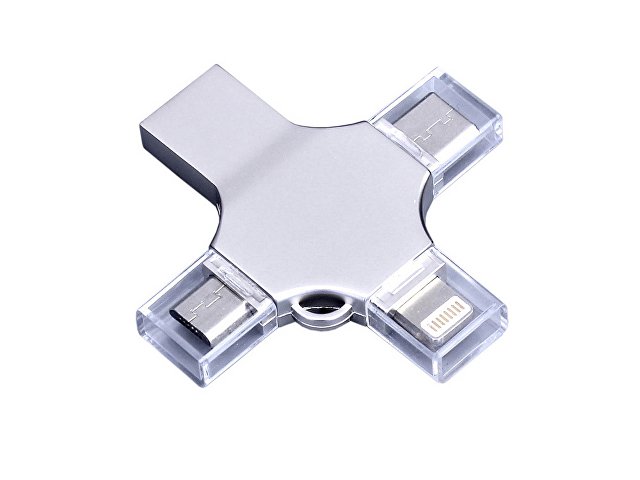 USB-флешка на 128 Гб 4 в 1 поворотный механизм, c дополнительными разъемами MicroUSB, TypeC и Lightning, серебристый
