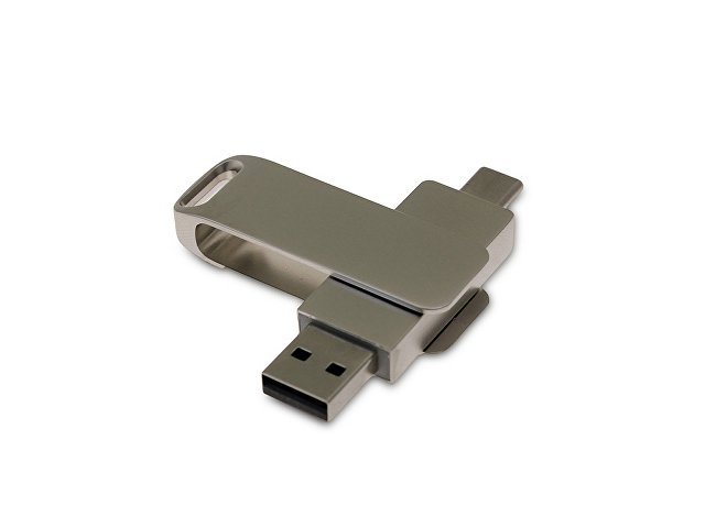 USB 2.0- флешка на 64 Гб поворотный механизм 2 в 1, c дополнительным разъемом Type-C с одноцветным металлическим клипом, серый