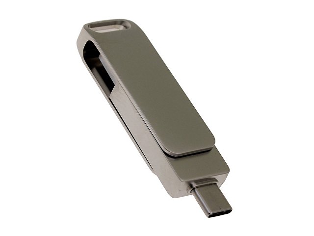 USB 3.0- флешка на 32 Гб поворотный механизм 2 в 1, c дополнительным разъемом Type-C с одноцветным металлическим клипом, серый