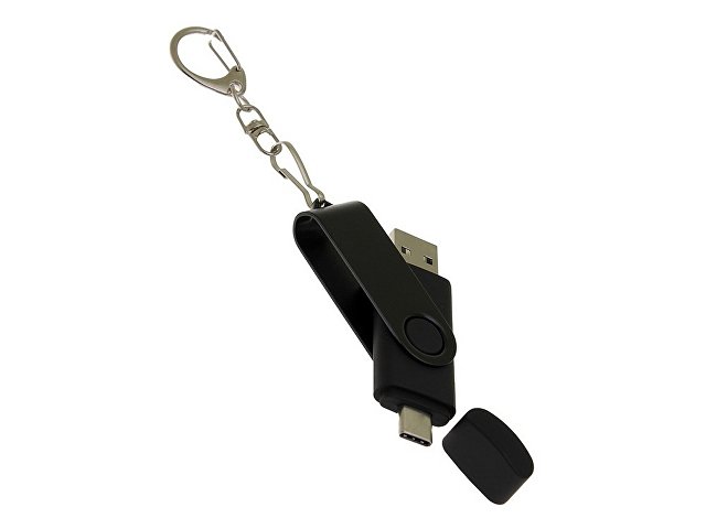 USB-флешка на 32 Гб 2 в 1 поворотный механизм, c дополнительным разъемом Type-C с одноцветным металлическим клипом, черный