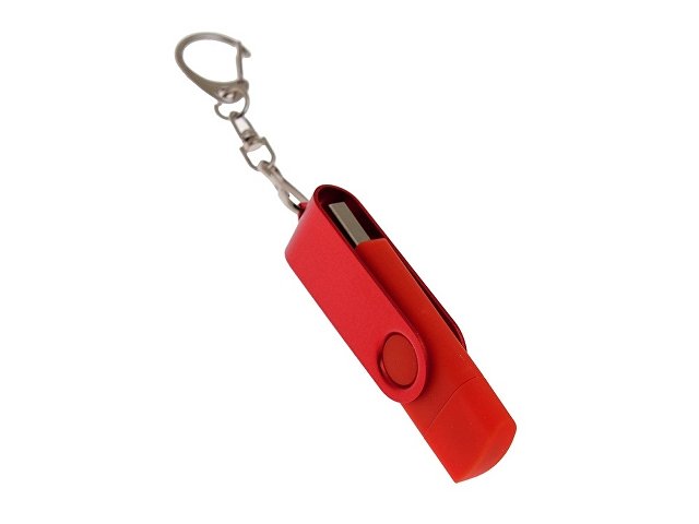 USB-флешка на 32 Гб 2 в 1 поворотный механизм, c дополнительным разъемом Type-C с одноцветным металлическим клипом, красный