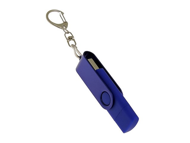USB-флешка на 64 Гб 2 в 1 поворотный механизм, c дополнительным разъемом Type-C с одноцветным металлическим клипом, синий