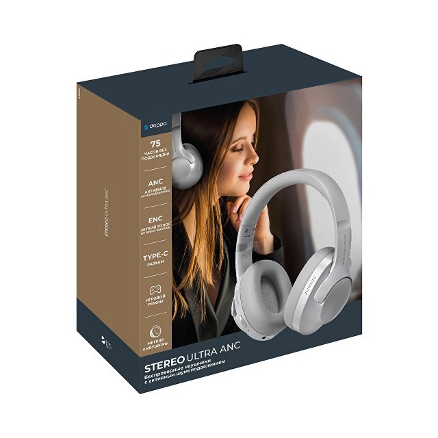 Беспроводные накладные наушники Stereo Ultra ANC, BT 5.4, ANC/ENC, 500мАч, серебристый, Deppa