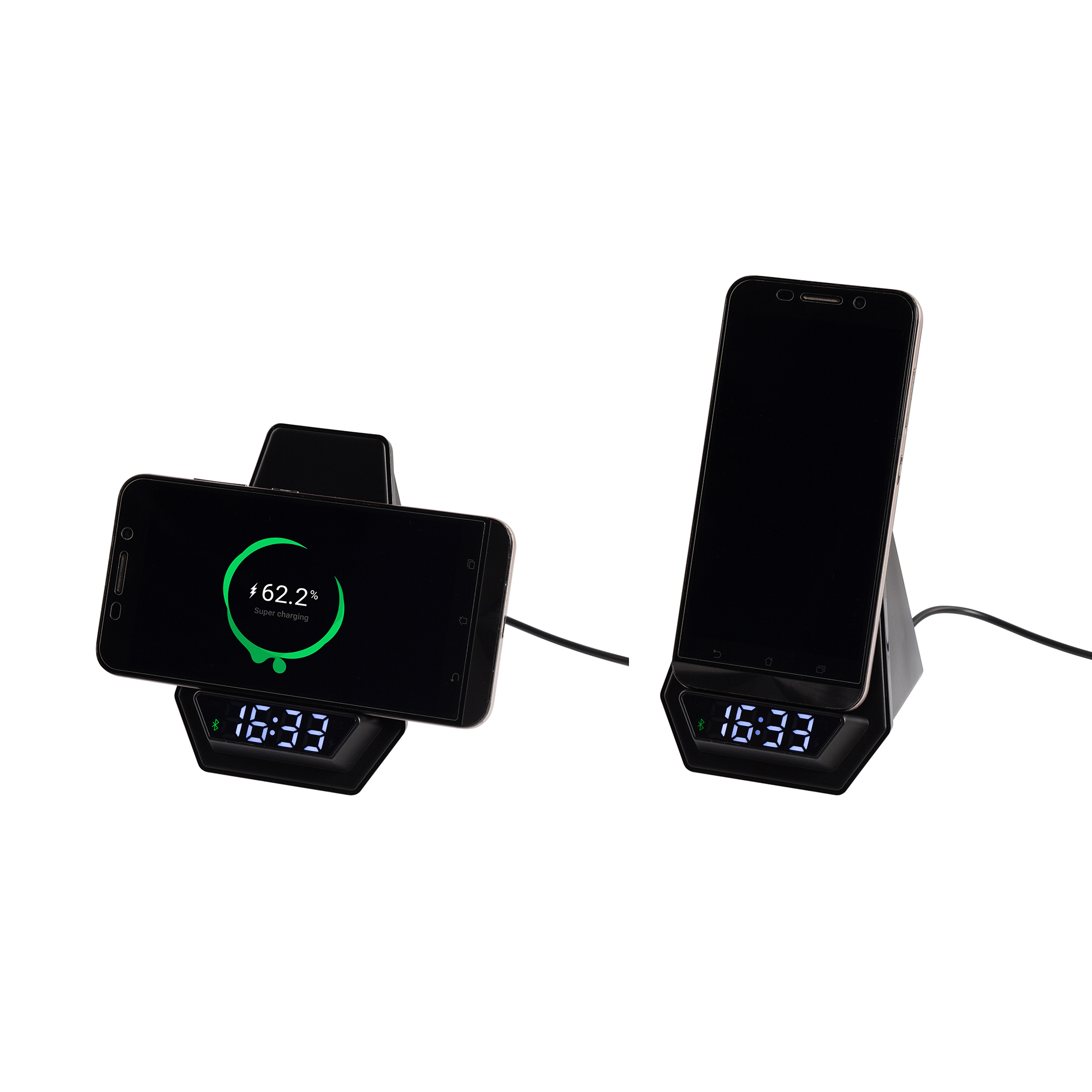 Настольная Bluetooth колонка (3Вт) "Smart Pyramid" с часами и беспроводным (15W) зарядным устройством, с подсветкой логотипа, черный