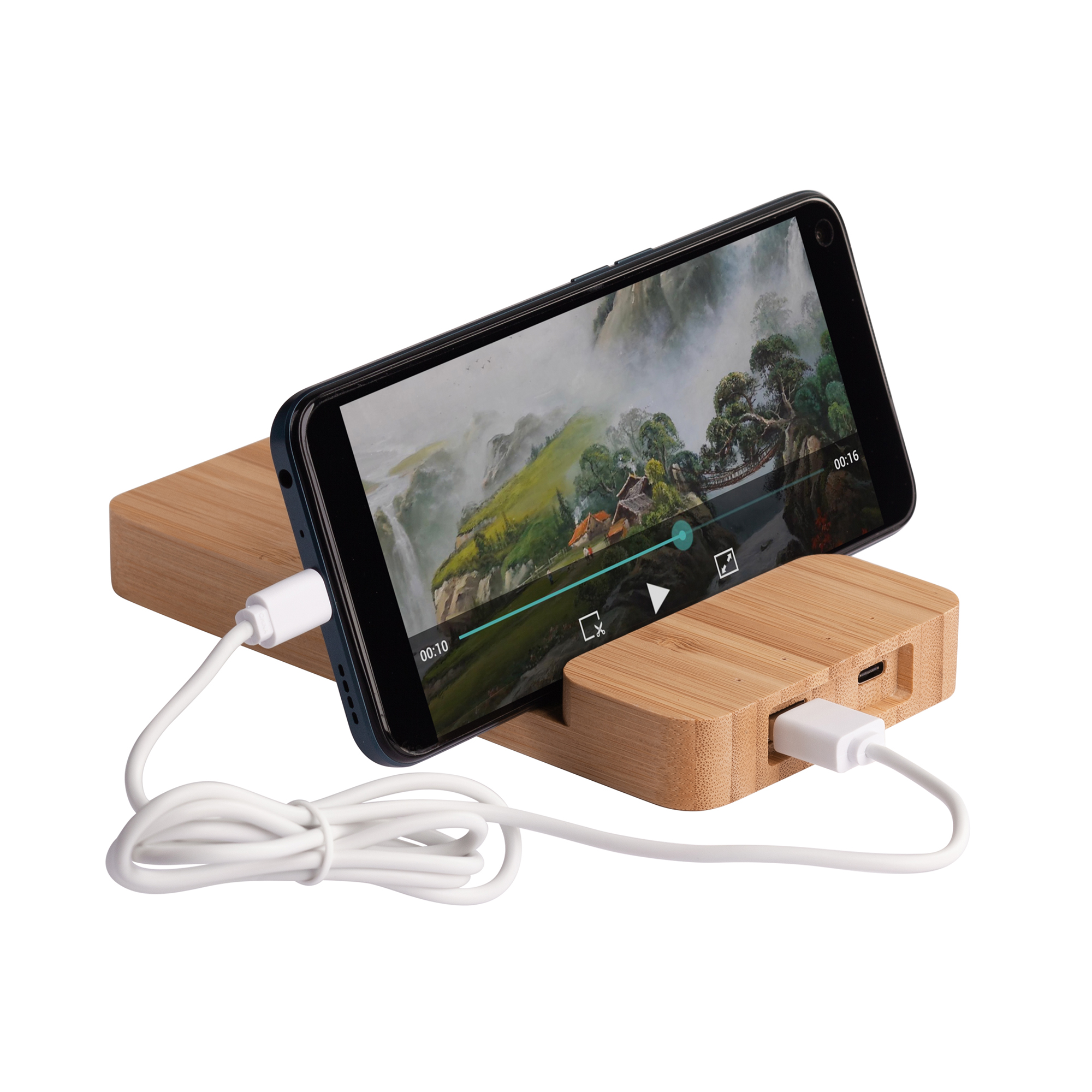 Беспроводное (10W) зарядное устройство "Bamboo Power" 5000 mAh с подставкой под смартфон, бамбук, бежевый