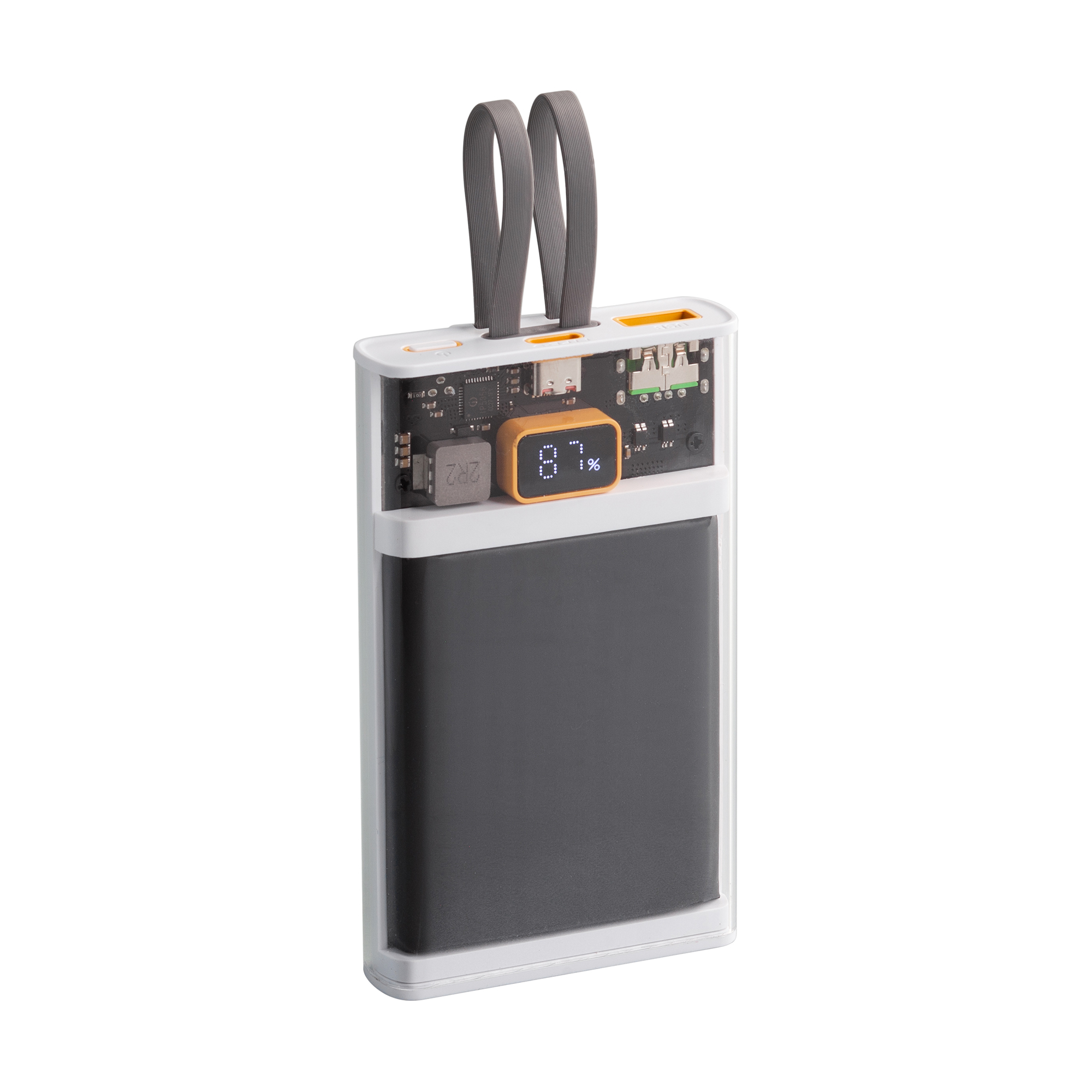 Зарядное (22.5W) устройство "Link" 10000 mAh с прозрачным корпусом, цифровым индикатором заряда и встроенными Type-C/Lightning кабелями, белый/черный