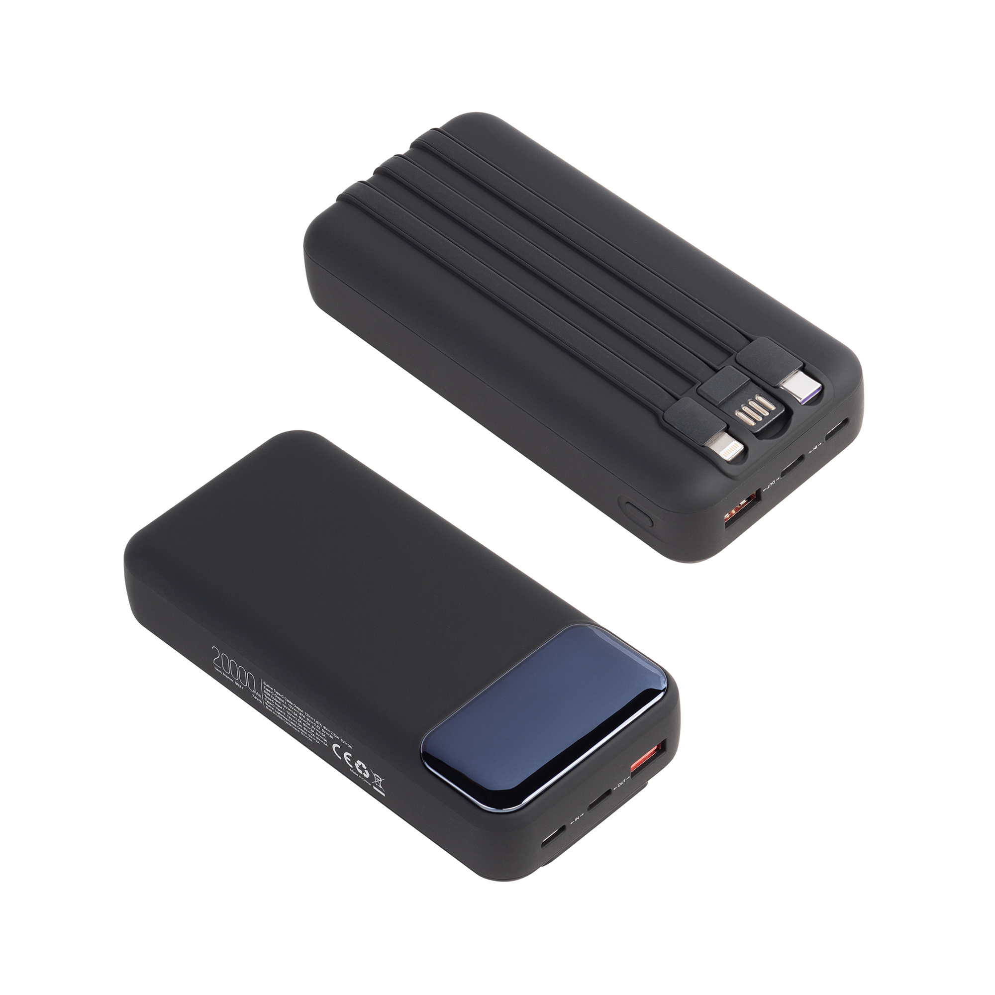 Зарядное (22.5W) устройство "Top Grade SOFTTOUCH" 20000 mAh с подсветкой логотипа, встроенными кабелями и цифровым индикатором заряда, черный