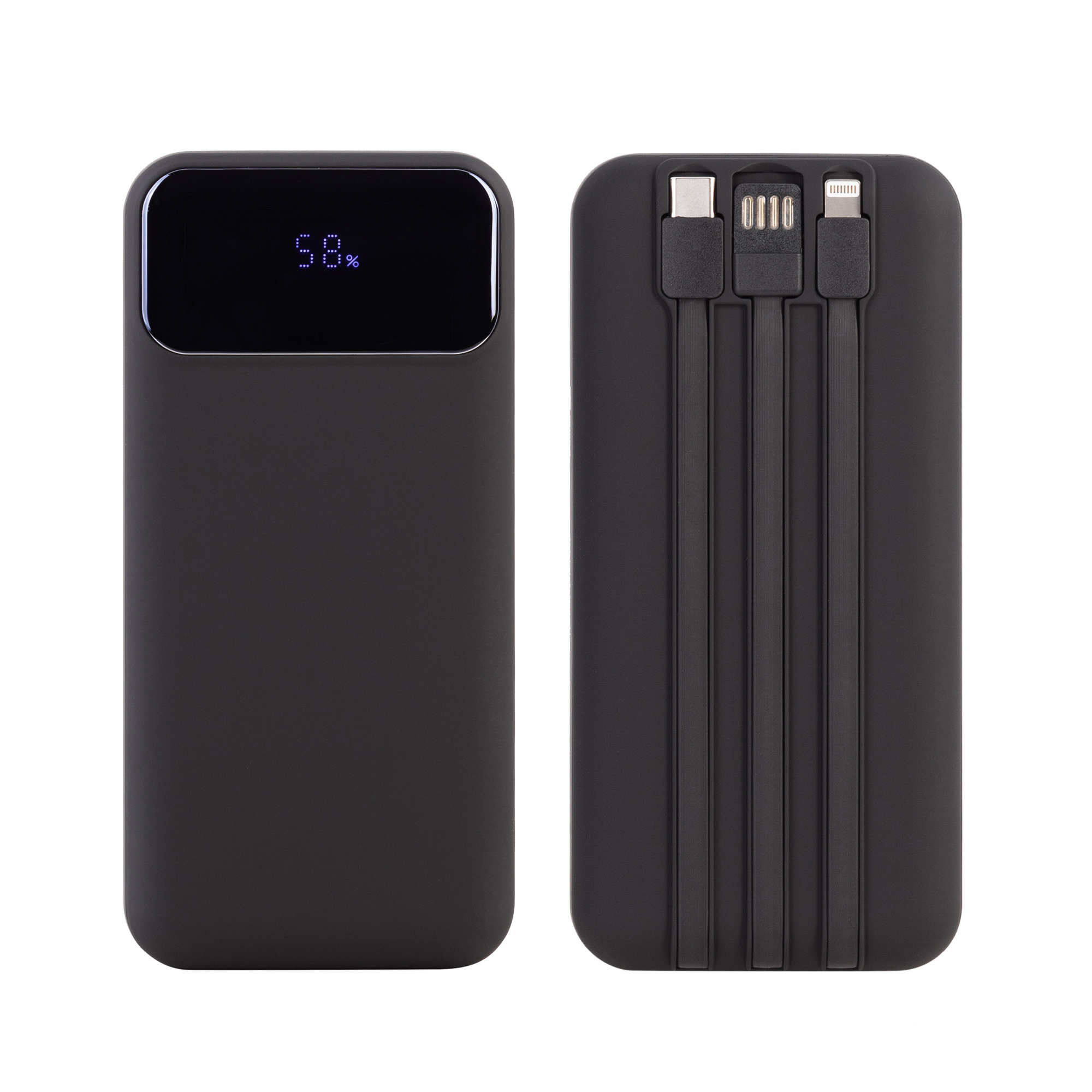 Зарядное (22.5W) устройство "Top Grade SOFTTOUCH" 20000 mAh с подсветкой логотипа, встроенными кабелями и цифровым индикатором заряда, черный
