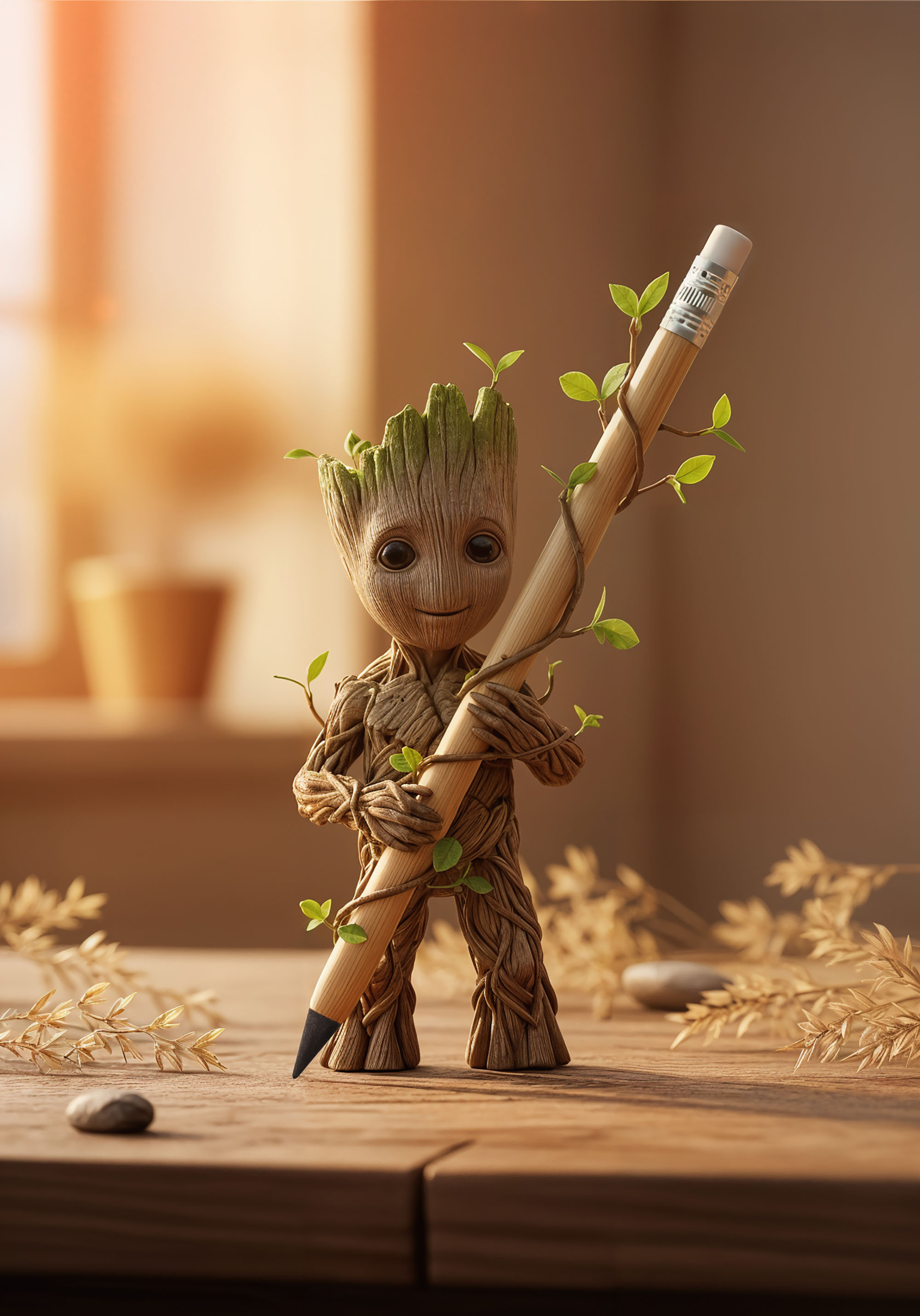Вечный карандаш "Groot" с ластиком, бамбук, бежевый