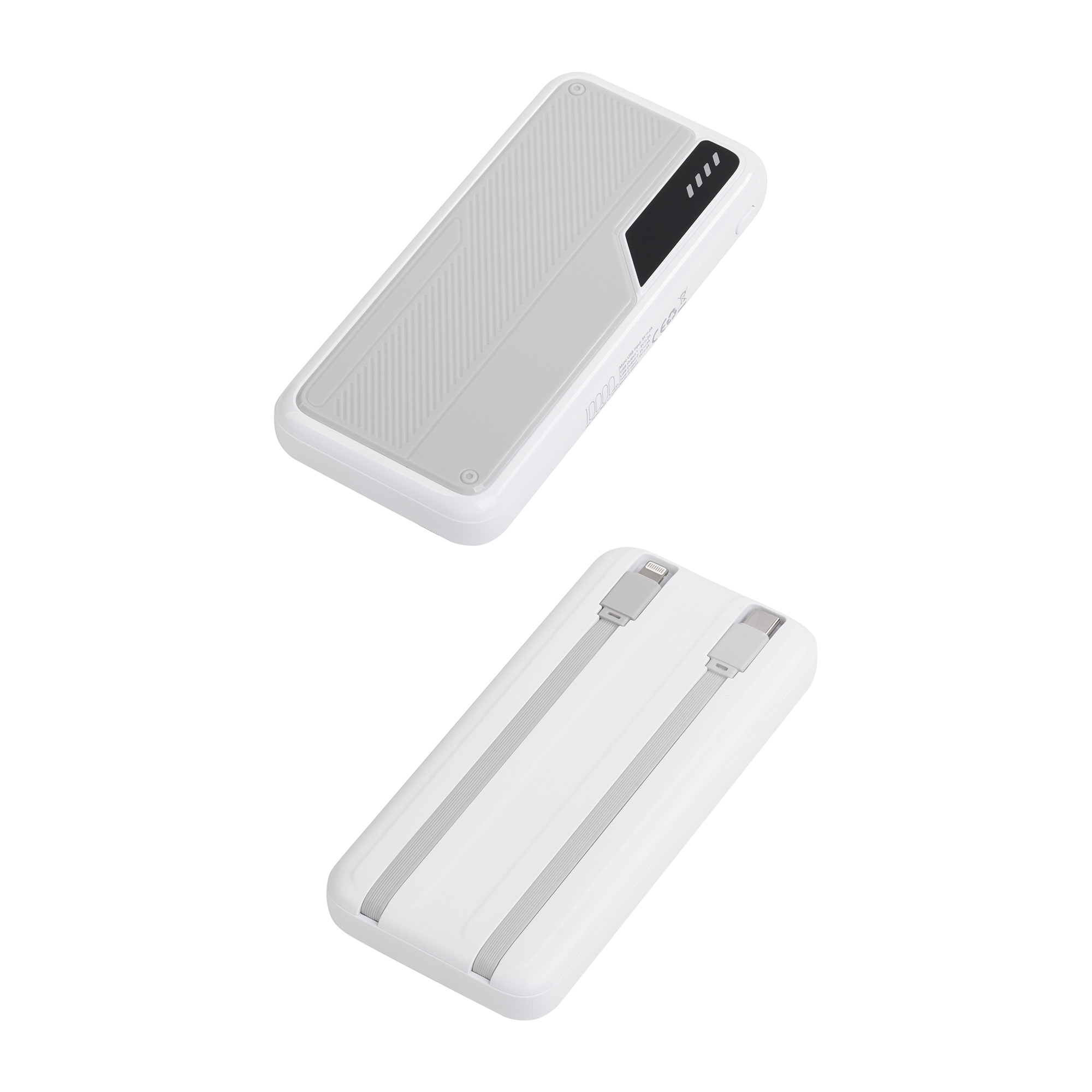 Зарядное устройство "Connect" 10000 mAh со встроенными Type-C/Lightning кабелями, белый с серым