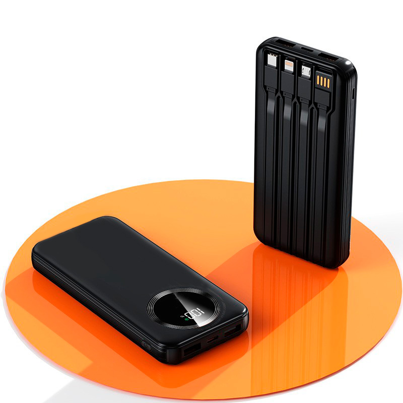Зарядное устройство "Phantom" 10000 mAh с 4мя встроенными кабелями и цифровым индикатором заряда, черный