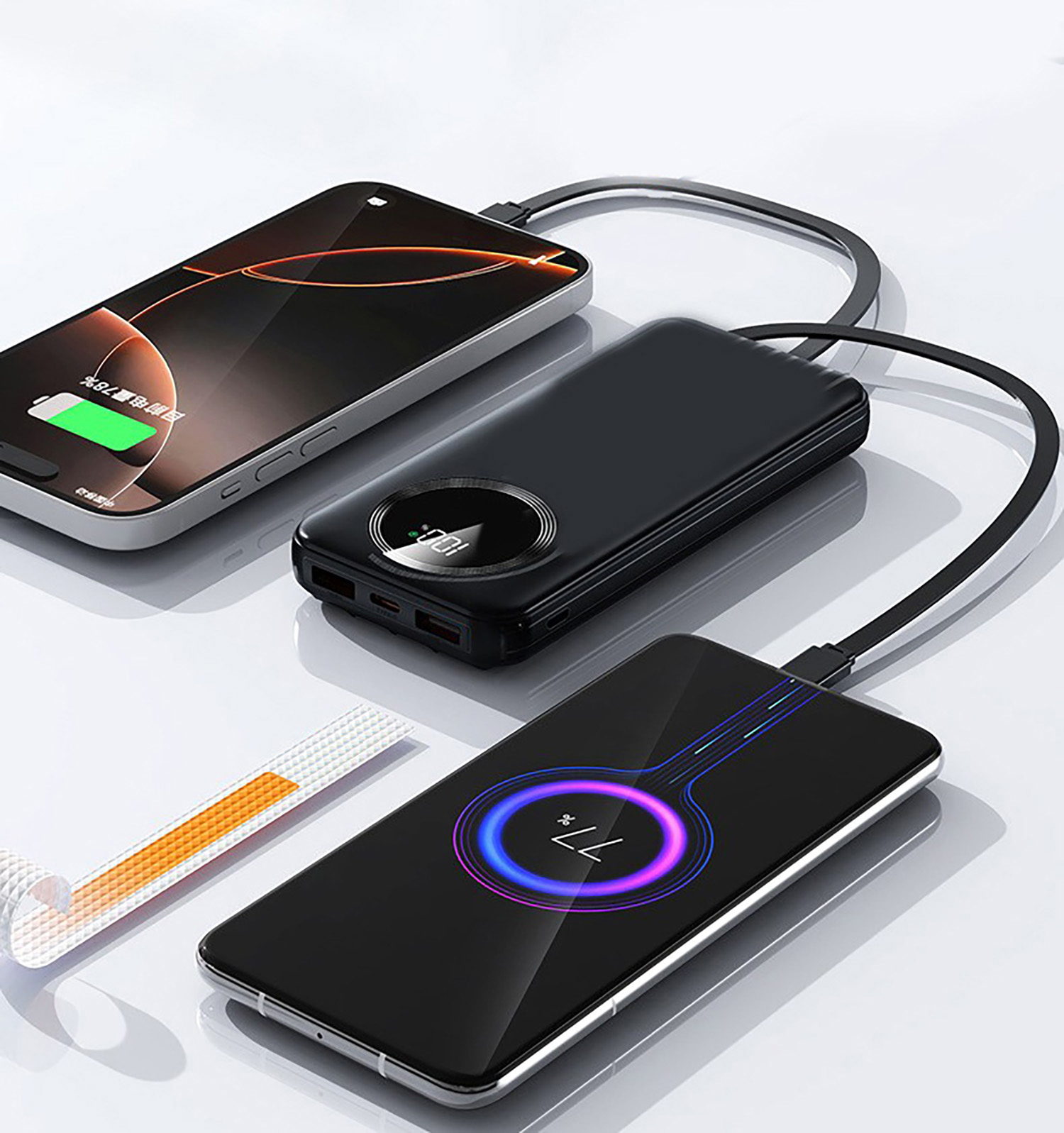 Зарядное устройство "Phantom" 10000 mAh с 4мя встроенными кабелями и цифровым индикатором заряда, черный