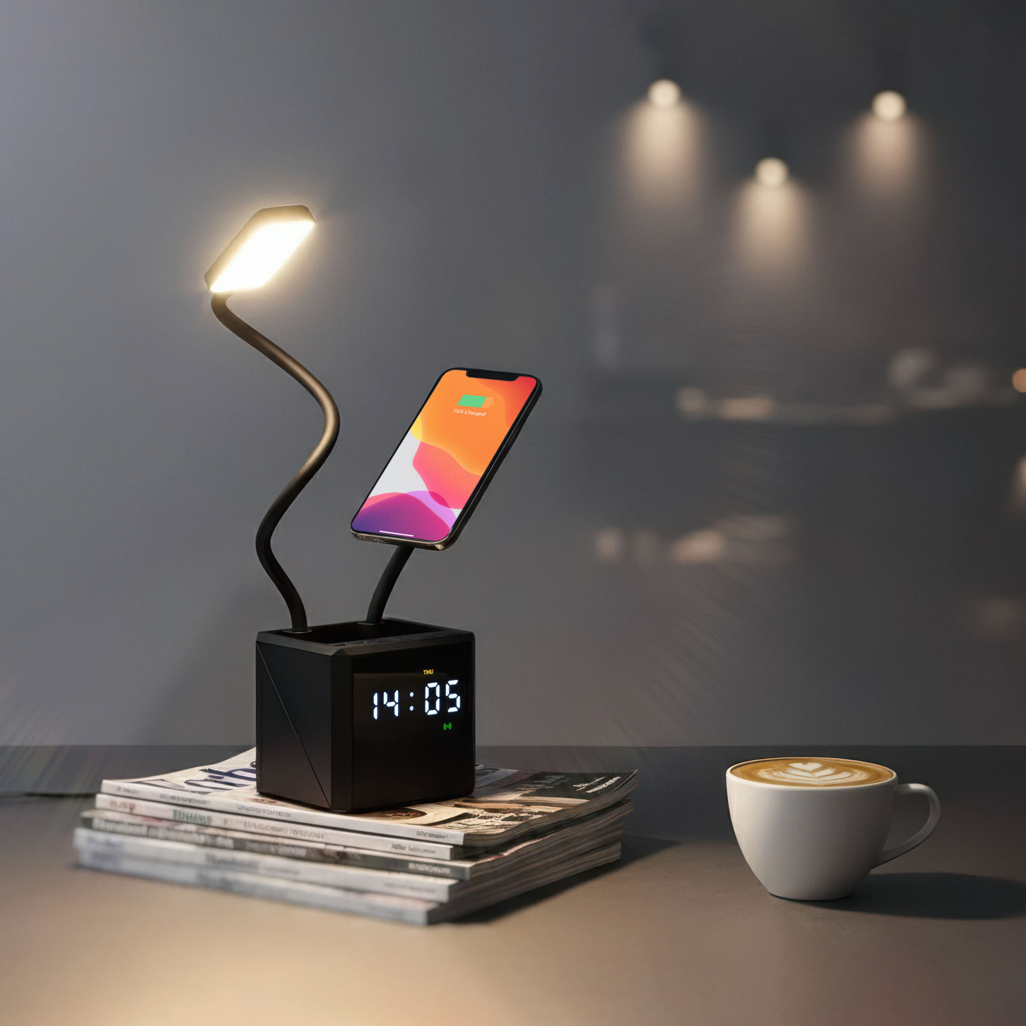Лампа "Smart Flex" с беспроводным 3в1 (15W) ЗУ с MagSafe, часами, карандашницей и подсветкой логотипа, черный