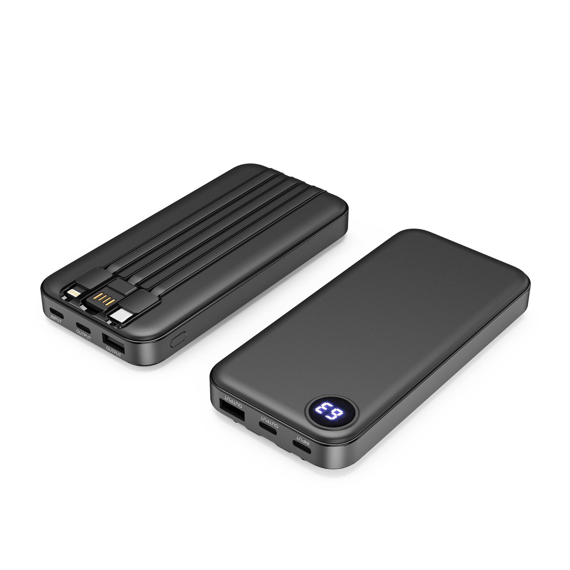 Зарядное устройство "Форт" 10000 mAh с подсветкой логотипа, встроенными кабелями и цифровым индикатором заряда, черный