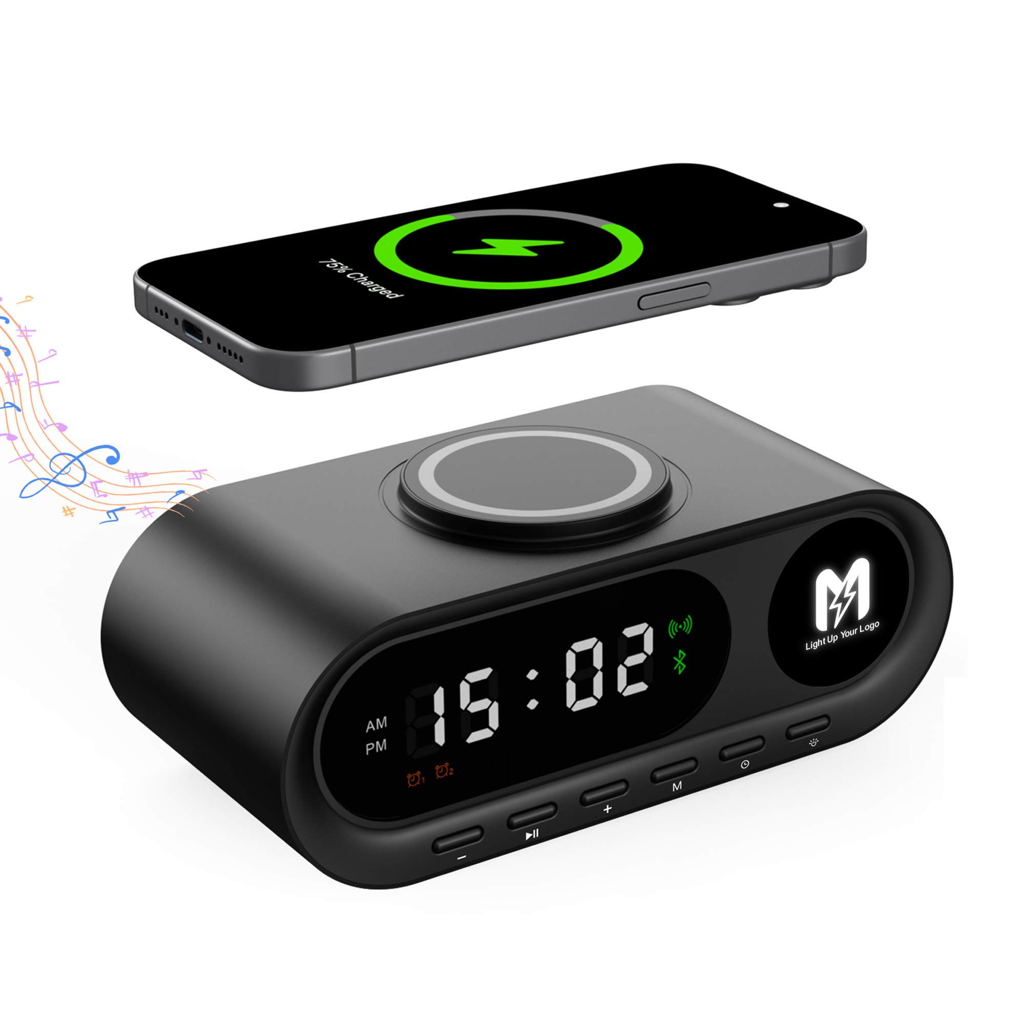 Настольные часы "Smart Hub" с bluetooth колонкой 5Вт, беспроводной (15W) зарядкой и подсветкой логотипа, черный